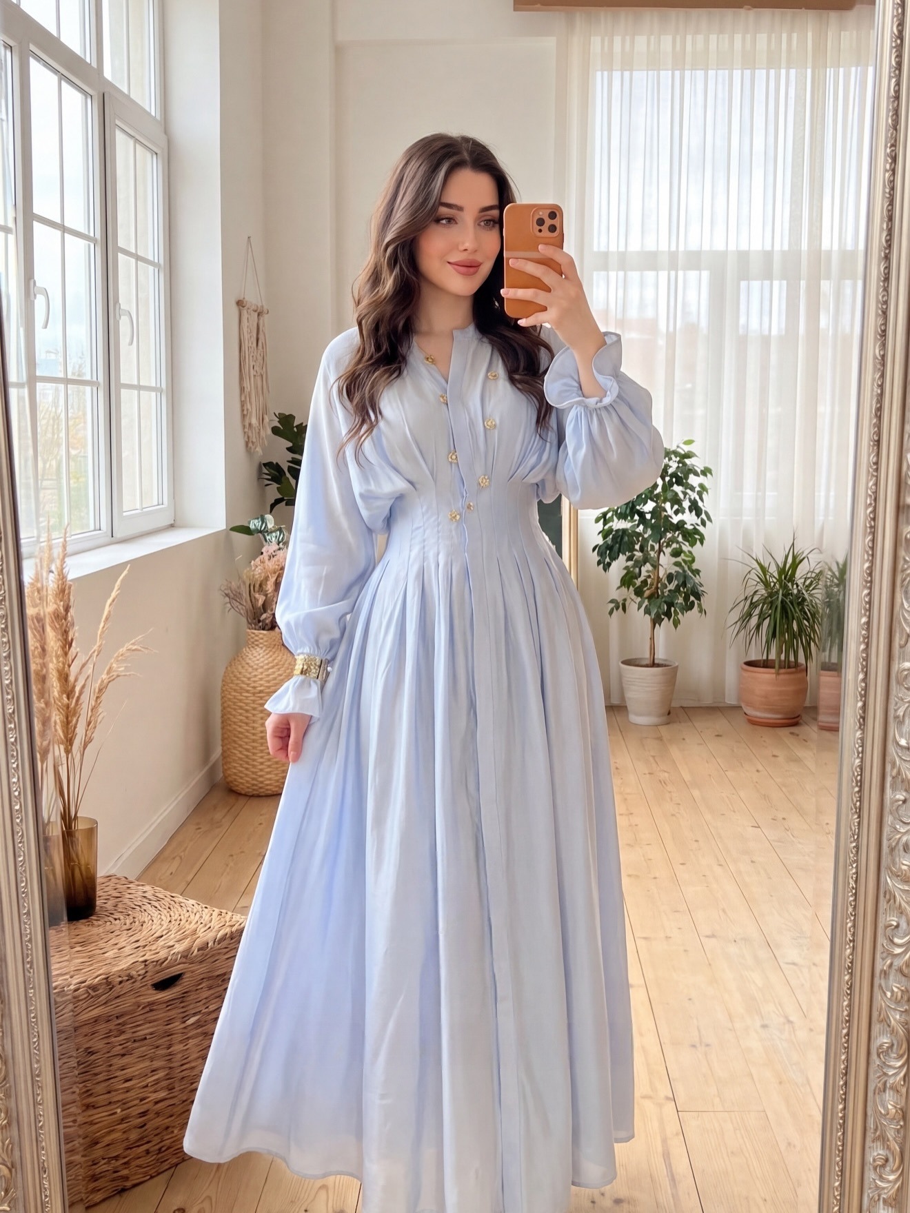 Nouvelle robe longue décontractée et tendance pour femme, col en V, manches lanternes, boutons décoratifs, taille plissée, confortable pour le quotidien et les trajets.