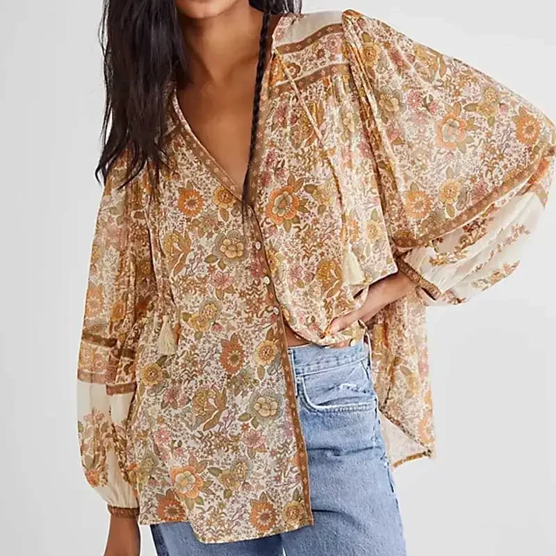 Chemisier Boho Super Chic pour Femme, Imprimé Floral, lèvent, Col en V, Pompon, Automne, Manches sulf, Chemise, Médicaments, Vacances