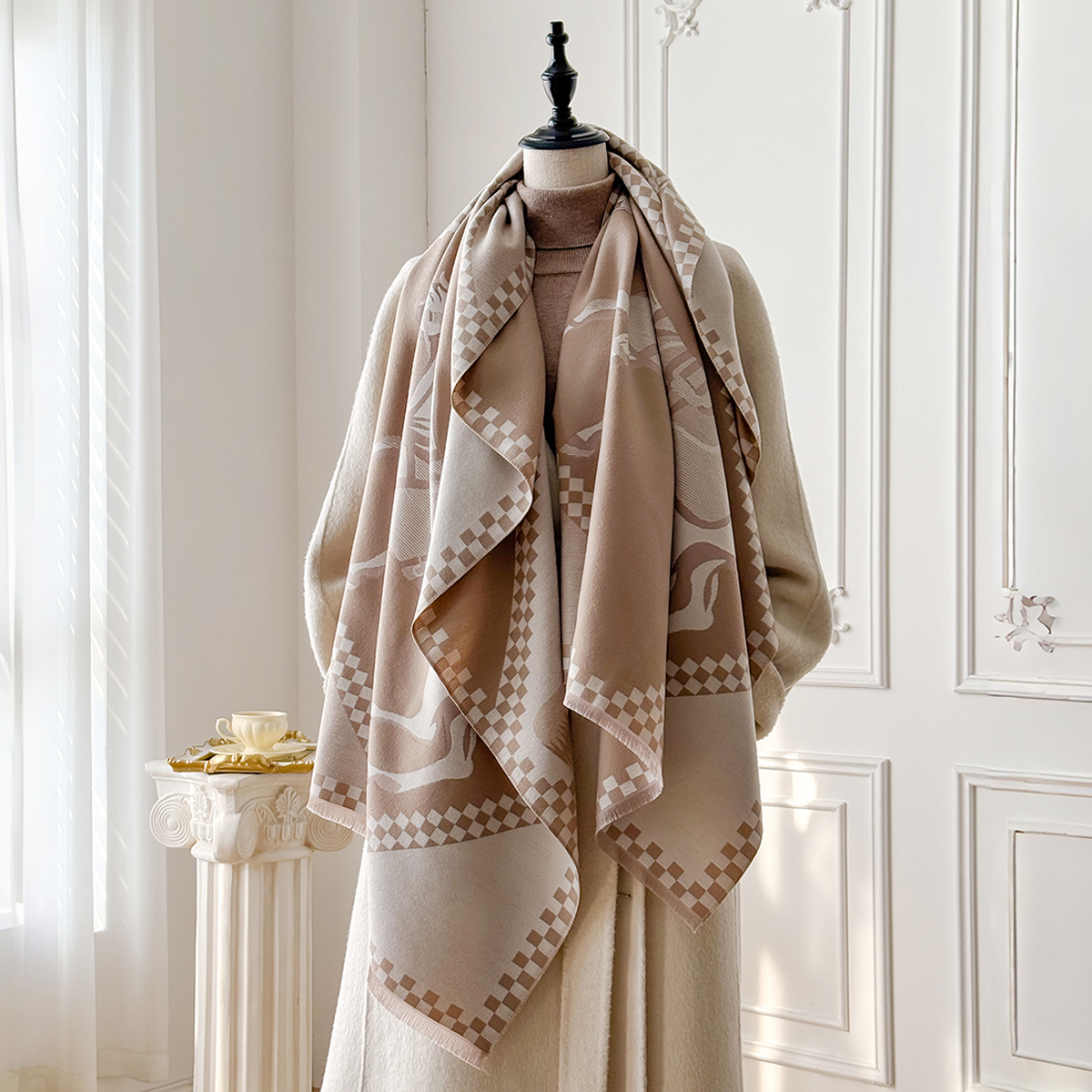 Écharpe de luxe en Faux cachemire épais pour femmes, châle doux chaud d'hiver à carreaux et imprimé cheval de guerre pour voyage et usage quotidien