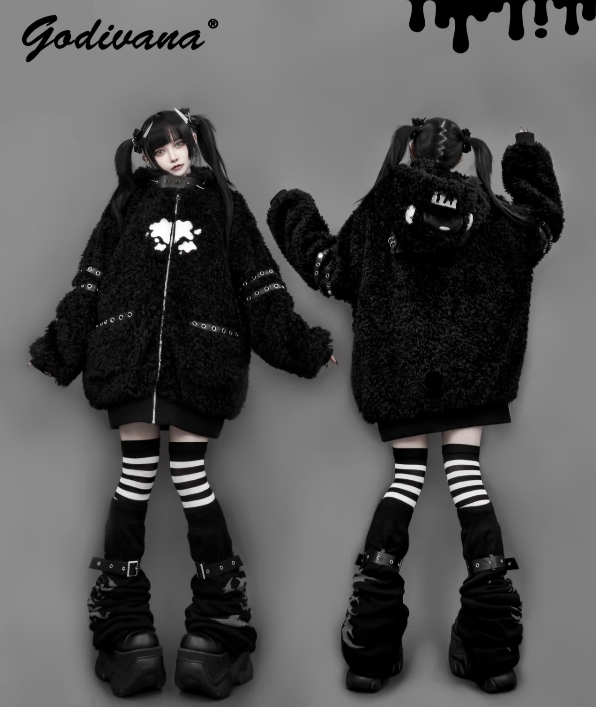 Manteau en peluche à capuche gothique japonais, nouvelle collection automne-hiver, sous-culture, fille cool, veste à capuche en laine d'agneau punk pour femme, veste à fermeture éclair