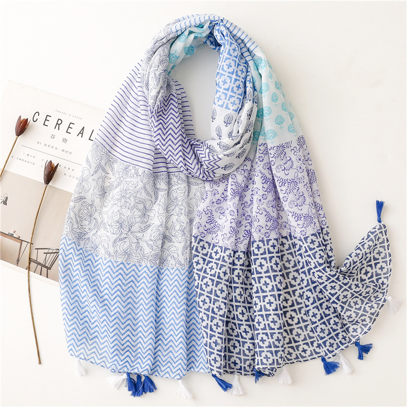 Écharpe Fine et Douce 100% Viscose pour Femme, Châle à Pompon Floral, Patchwork Aztèque, Hijab Musulman Féminin, Mode 2023