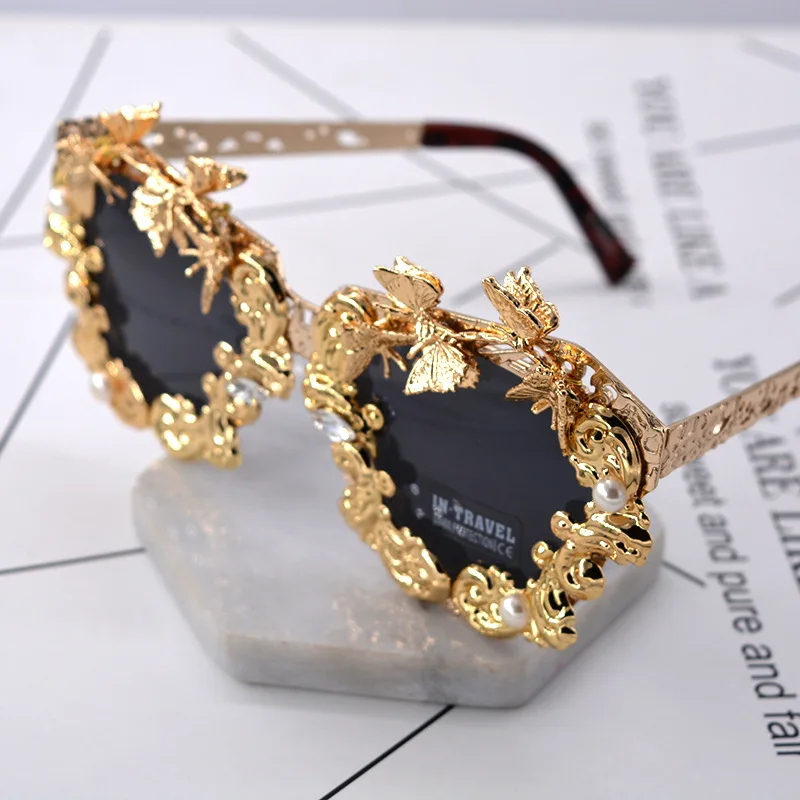 Lunettes de soleil de luxe rondes baroques, monture métallique à fleurs, style vintage, design de marque, accessoires de mode décontractés pour l'extérieur, lunettes de soleil pour femmes