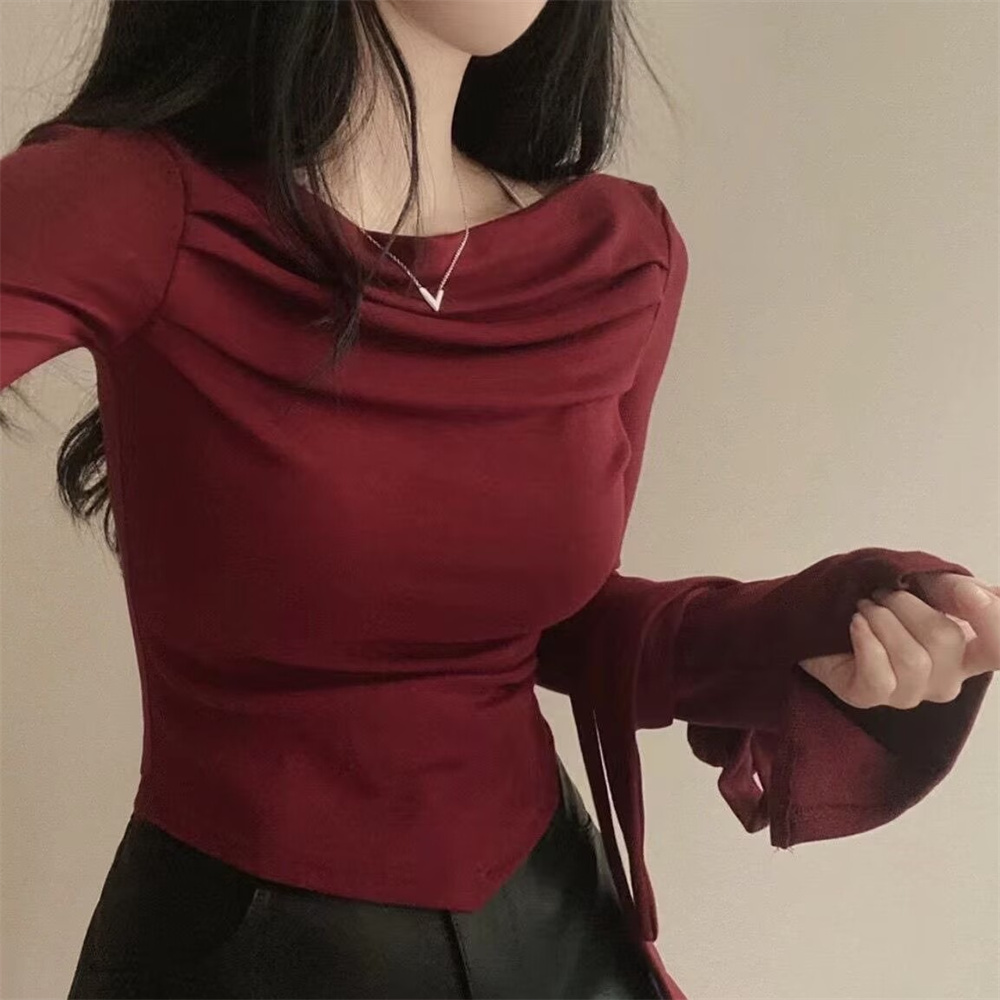 T-shirt sexy et tendance à épaule dénudée avec écharpe, manches longues, haut court plissé pour femme, rouge vintage, noir, vêtements