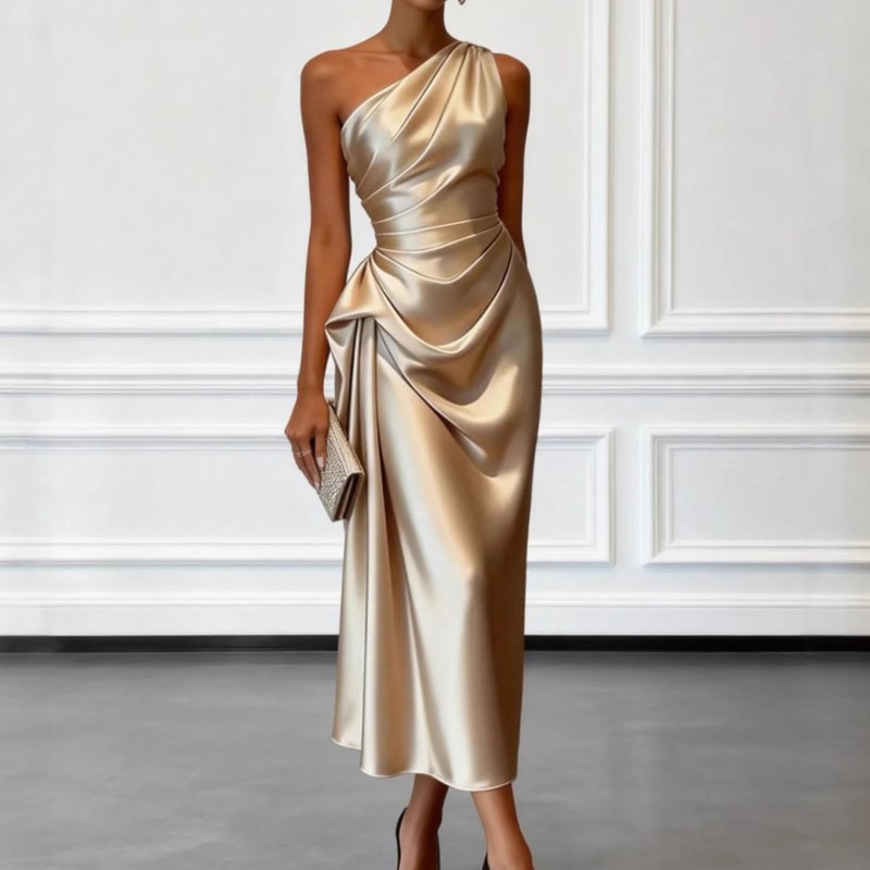 Nouvelle Robe de Soirée Plissée en Satin Haut de Gamme Sans Manches pour Femme, Modèle Sexy et Tendance pour l'Été 2026
