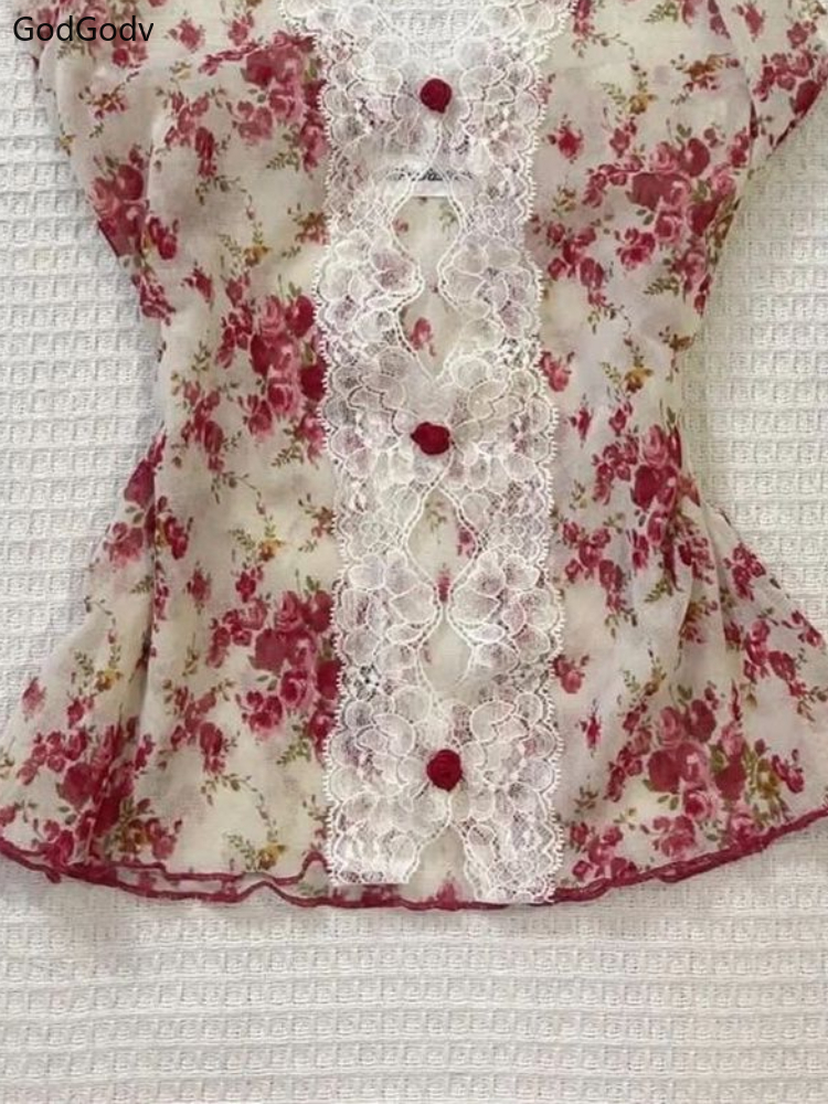 2025 été femme Floral licou dentelle Blouse 2025 Vintage Sexy Slim Fit fée mode coréenne femme hauts tenues Style élégant