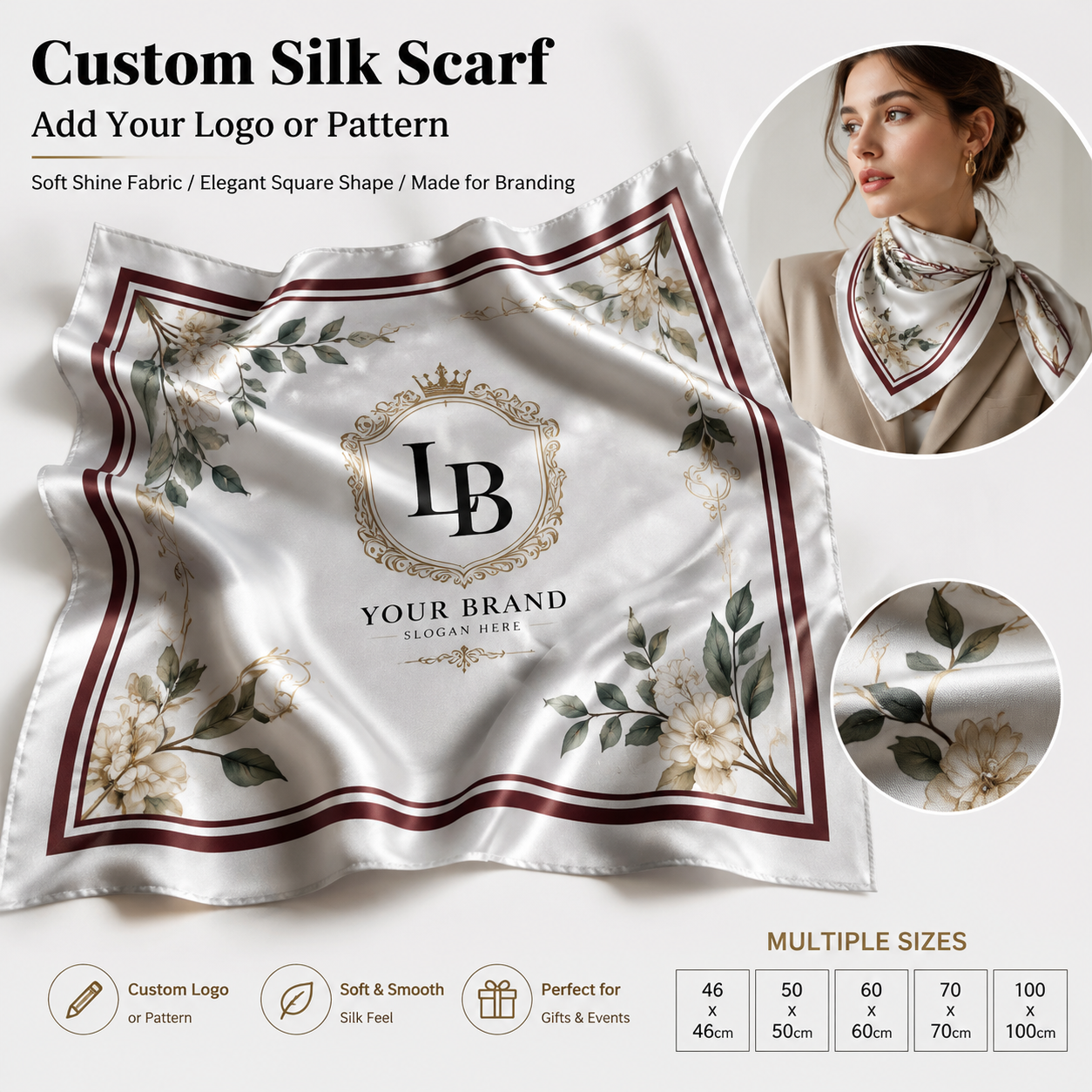 Écharpe en soie personnalisée avec impression de logo photo, écharpe carrée en satin, accessoire de mode pour le cou et les cheveux, cadeau