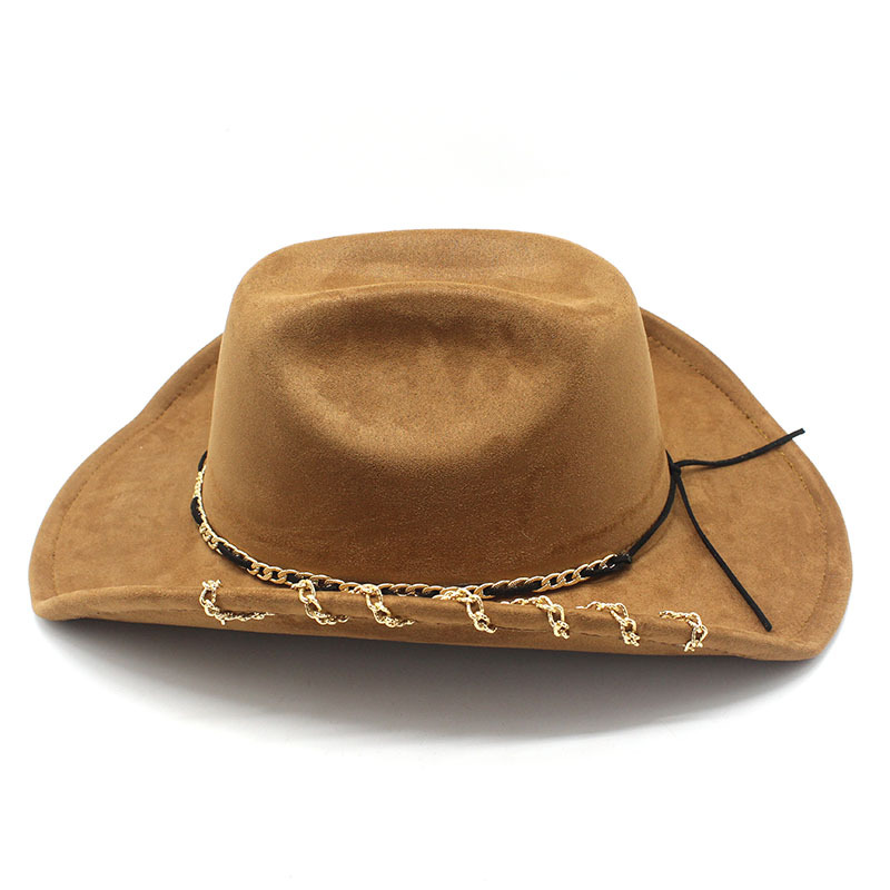 Chapeau de Cowboy occidental tendance pour hommes et femmes, avec chaîne en métal, visière en daim à large bord, casquette de Jazz à la mode