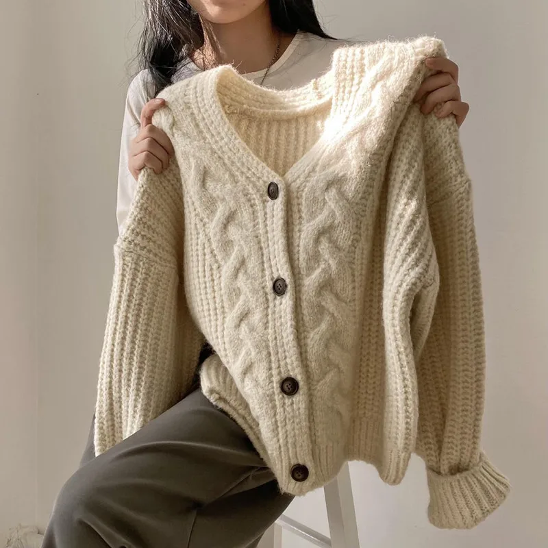 Mode hiver chaud à manches longues femmes v-nek lâche Cardigan pull automne élégant couleur unie décontracté haut tricoté