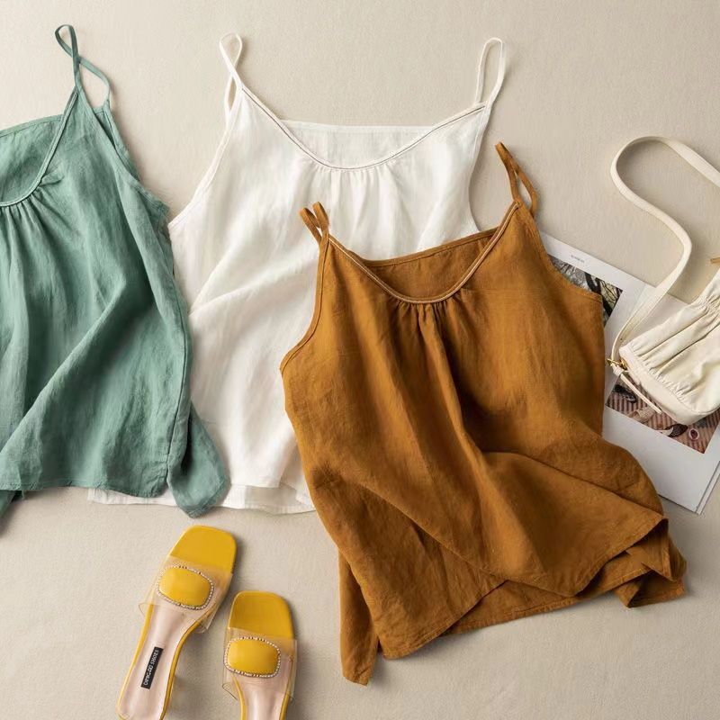 Minimalis Commute-Débardeur en pur coton pour femme, licou pour document solide, débardeur froncé rétro, camisole mince, été, nouveau