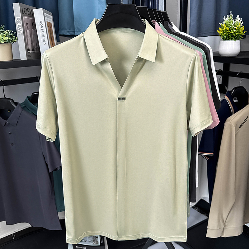 T-shirt à manches courtes en soie glacée de haute qualité pour hommes haut à revers design de marque tendance cool soyeux respirant polo décontracté d'été