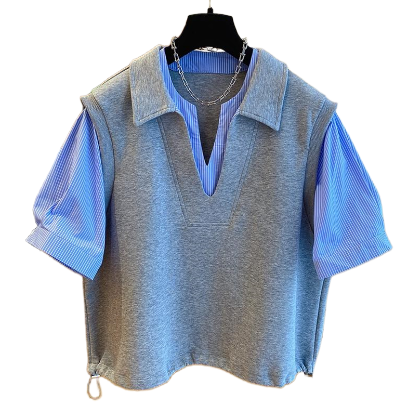 Mode faux deux pièces T-shirt femmes Niche Design sens T-shirt ample décontracté couture gilet bouton à manches courtes T-shirt