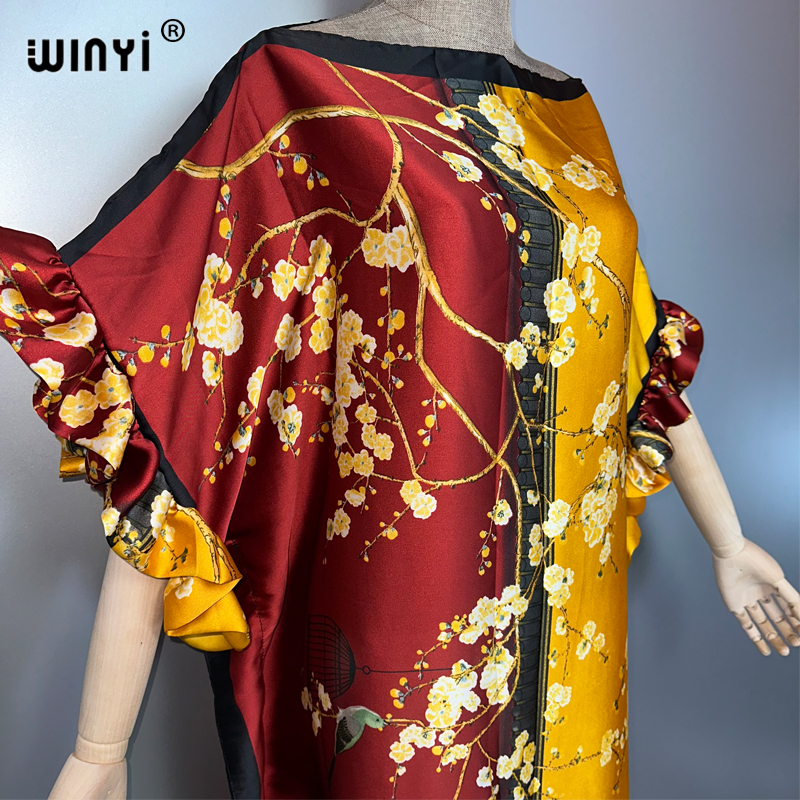 WINYI Robe de soirée bohème d'été, Kaftan ample imprimé de luxe pour femme, Vêtement musulman, Robe de plage pour les vacances, Caftan tendance