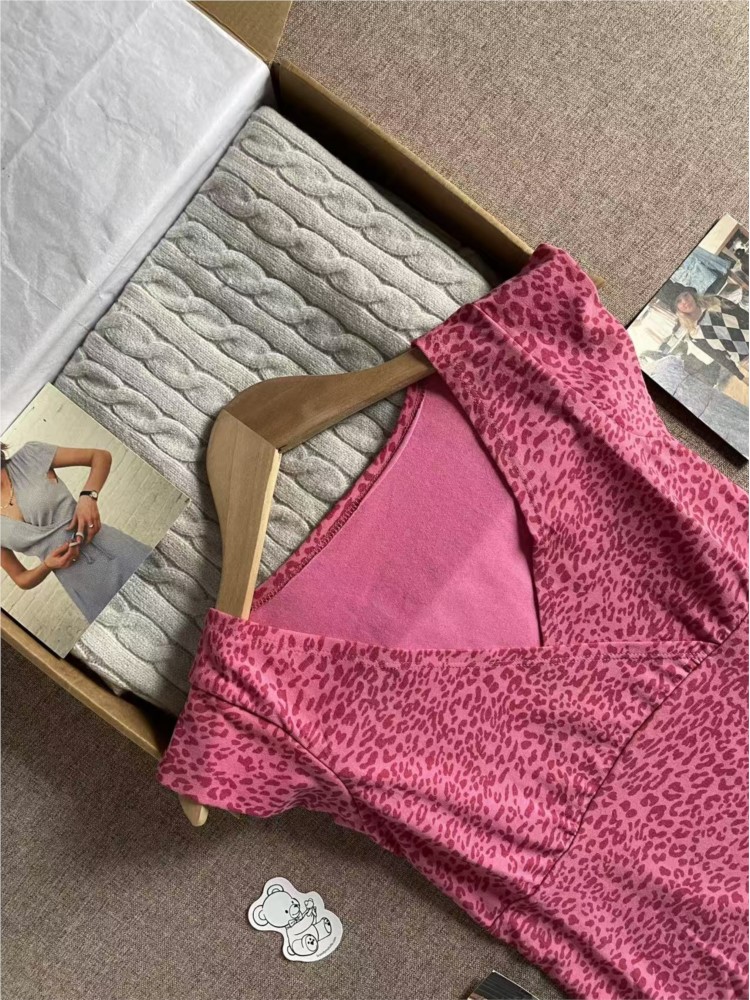 Collection T-shirts Imprimé Léopard Femme Été Coton Coupe Slim Petites Manches Volantes Débardeurs Vintage Américain Doux Y2K