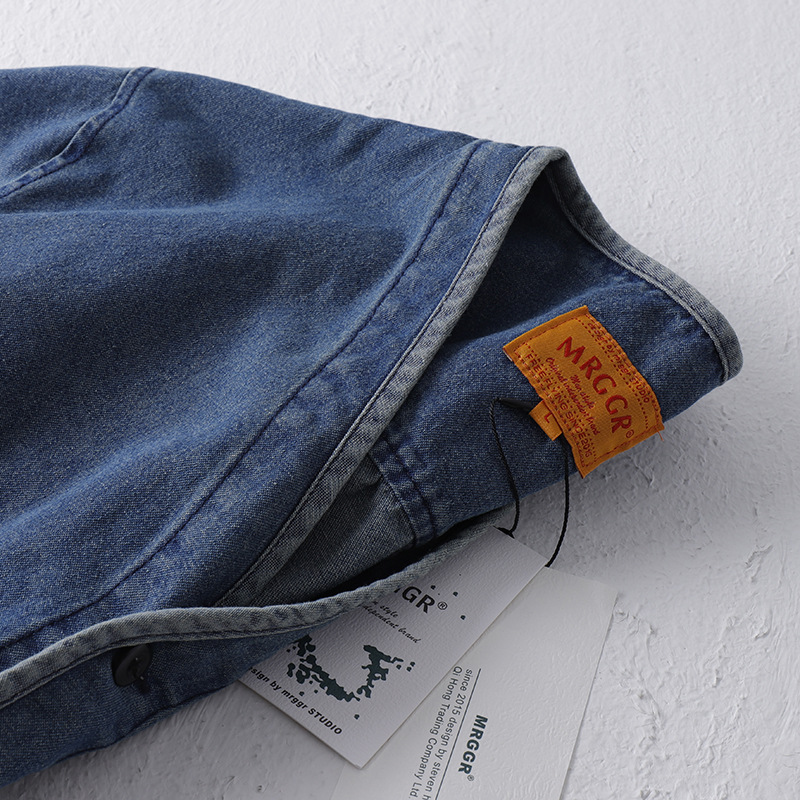 Veste en jean rétro japonaise pour homme, style workwear, délavée, sans col, pour le printemps
