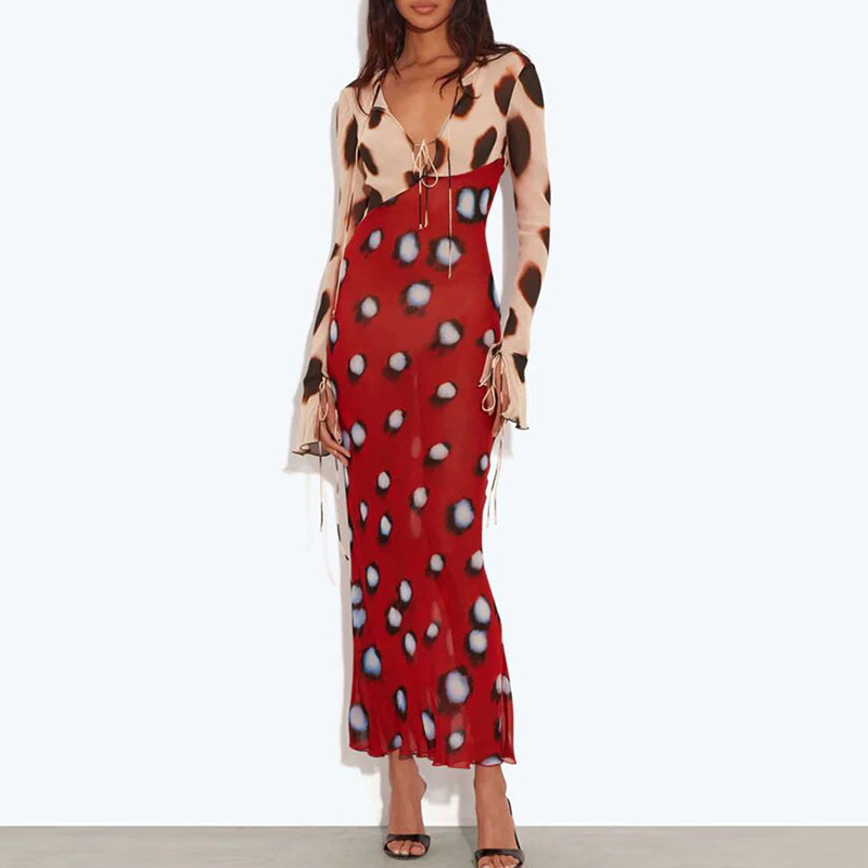 Nouvelle Robe Longue Moulante Femme à Pois Contrastants Col V Taille Haute Manches Longues Décontractée pour le Printemps et les Fêtes