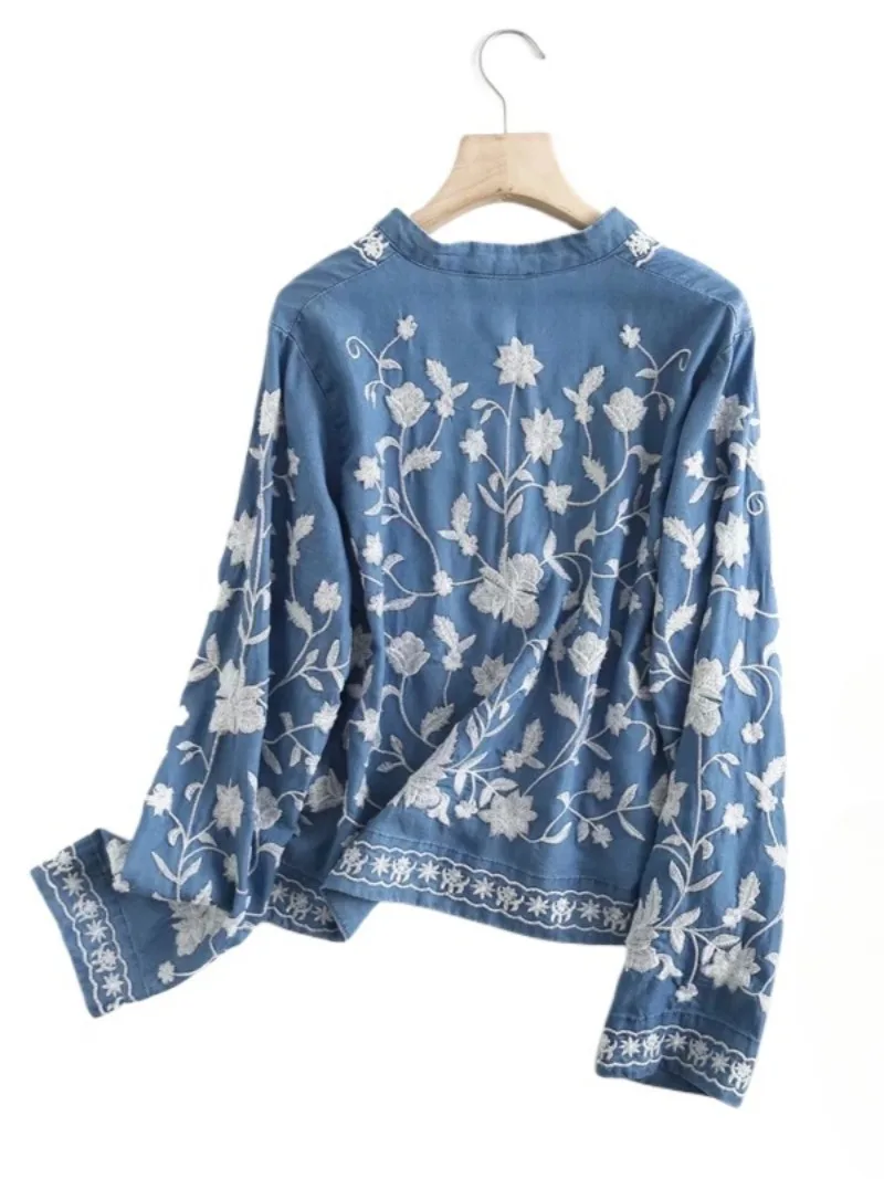 Kimono Boho Vintage Denim Coton pour Femme, Broderie Bleue, Bohème Col V, Manches Chauve-Souris, Robe Courte, Cover-up
