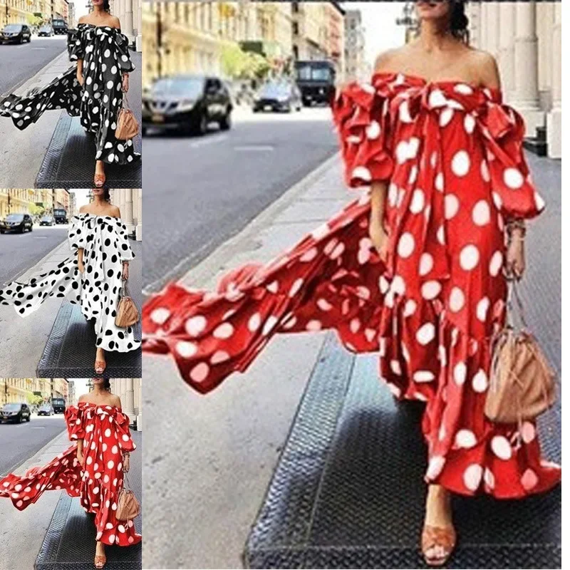 Robe longue à pois pour femmes, sexy, épaules dénudées, décontractée, vêtements de plage, printemps, été