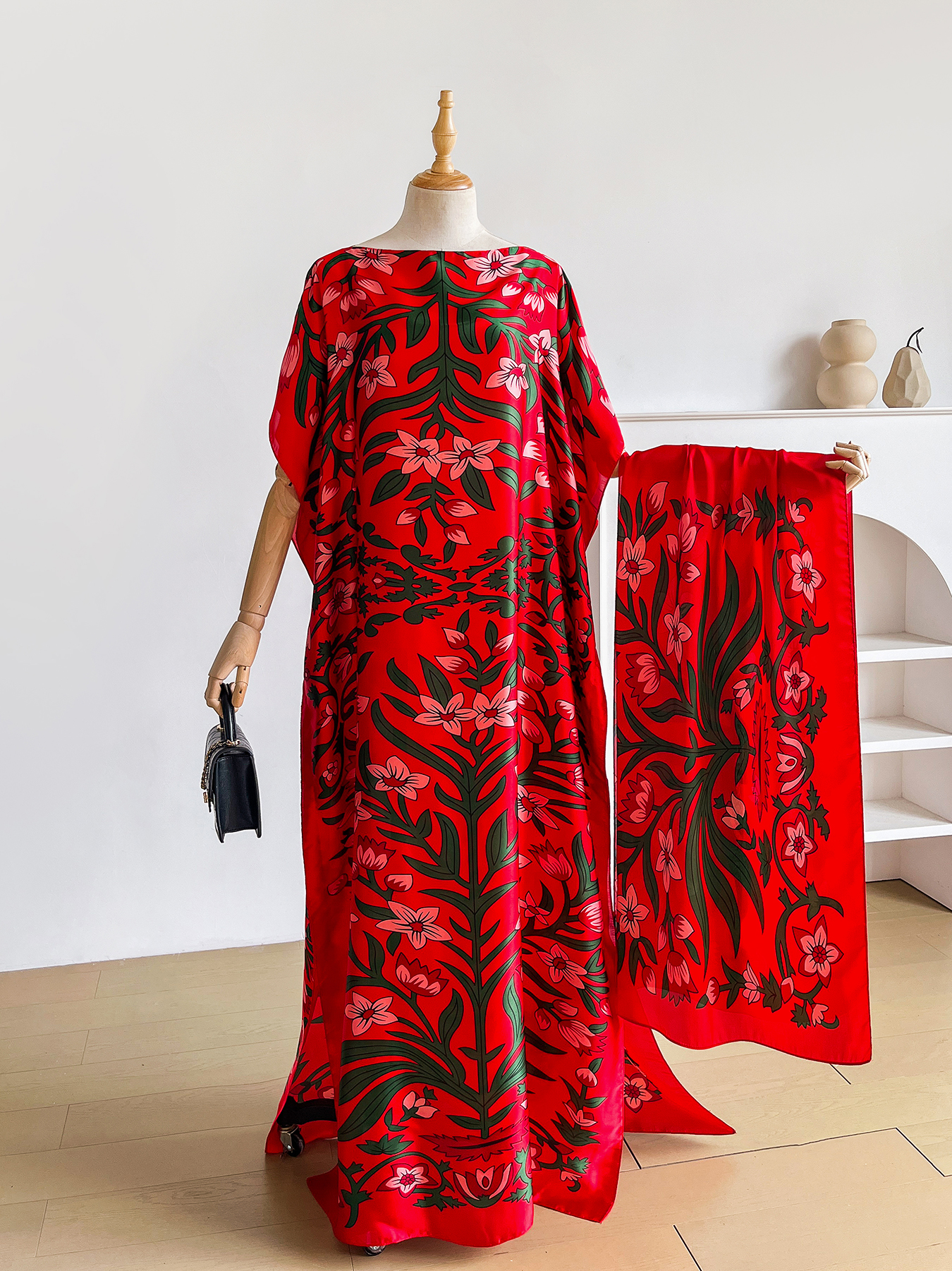 Robe Abaya Kaftan à imprimé floral bohème avec écharpe, robe maxi ample à manches chauve-souris pour femmes musulmanes, tenue de plage et de vacances