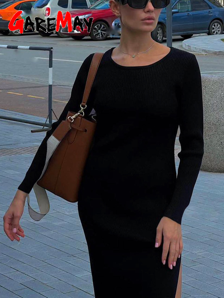 Robe noire moulante à manches longues pour femmes, avec fentes latérales, pour automne et hiver, 2025