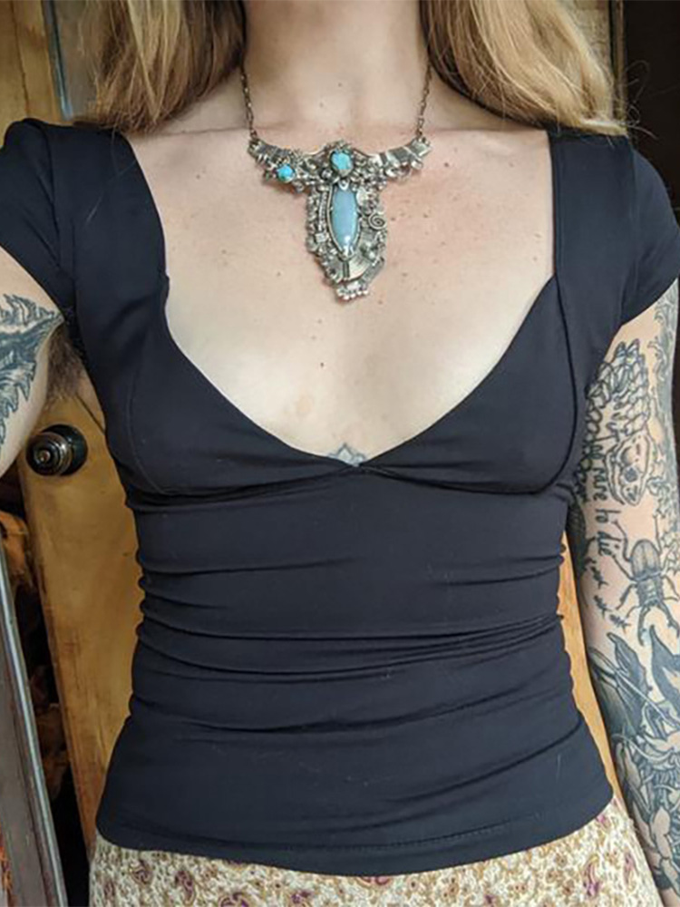 Hauts pour femmes, vêtements féeriques Grunge, couleur unie, col en V, manches courtes, débardeur esthétique, Streetwear, années 2000