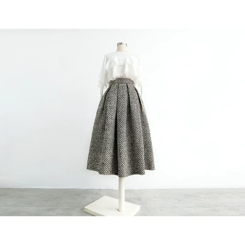 2025 nouvelle mode Tweed avec poche genou longueur jupe hiver femmes Vintage épaissi taille haute plissée a-ligne jupes Faldas