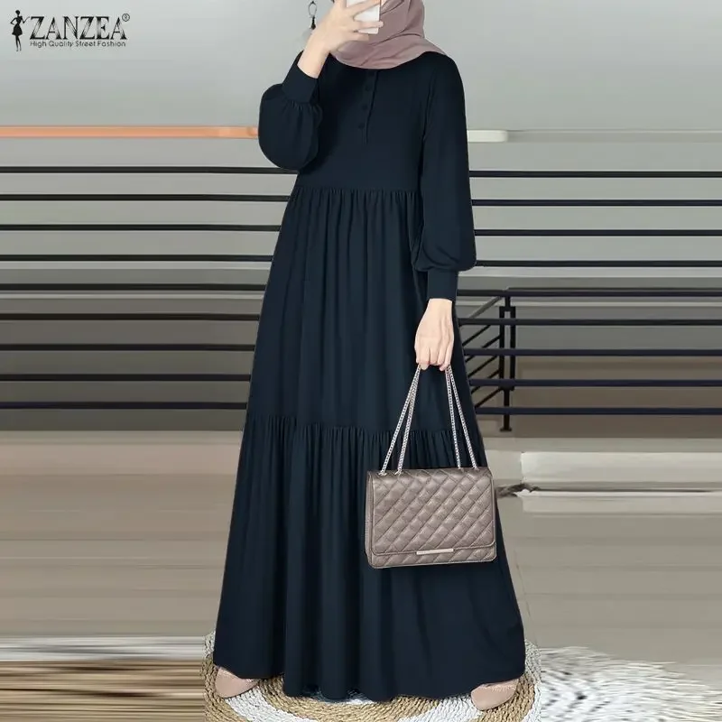 ZANZEA Élégante Abaya Musulmane Hijab Robe Longue Femme Manches Longues Robe de Ramadan Robe de Printemps Unie Ample Maxi Vestido Kaftan 2026