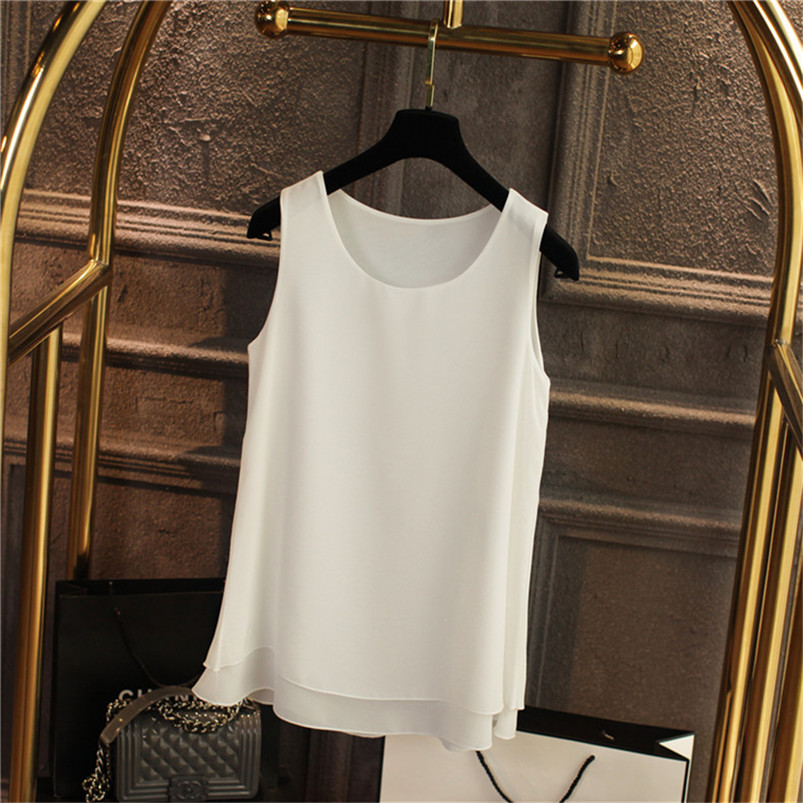 Débardeur Femme Blanc Bleu Rouge en Chiffon – Hauts d'Été Sans Manches Col Rond – Chemises et Gilets pour le Bureau – Vêtements Tendance Féminins