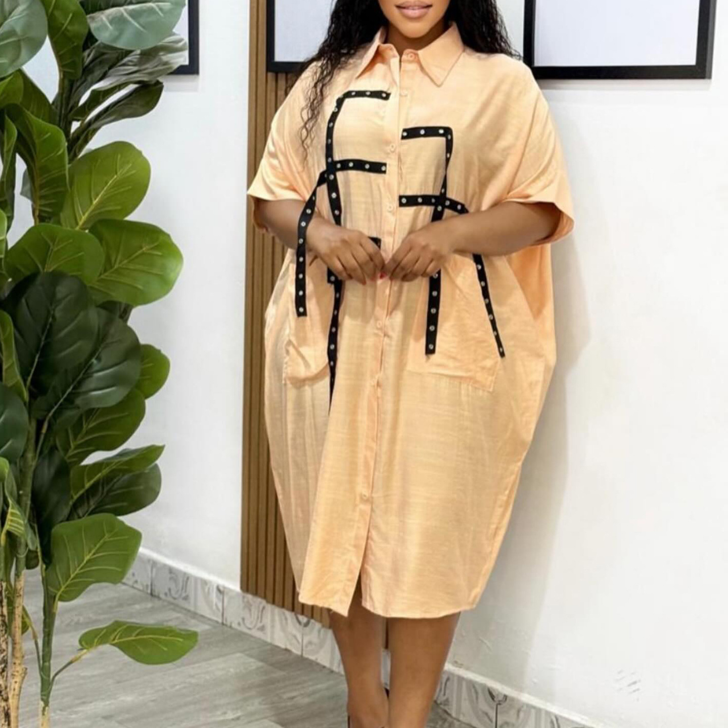 Robe chemise ample mode revers simple boutonnage demi manches grande poche épissé ​ ​ Robes midi pour femmes, chemise de banlieue élégante