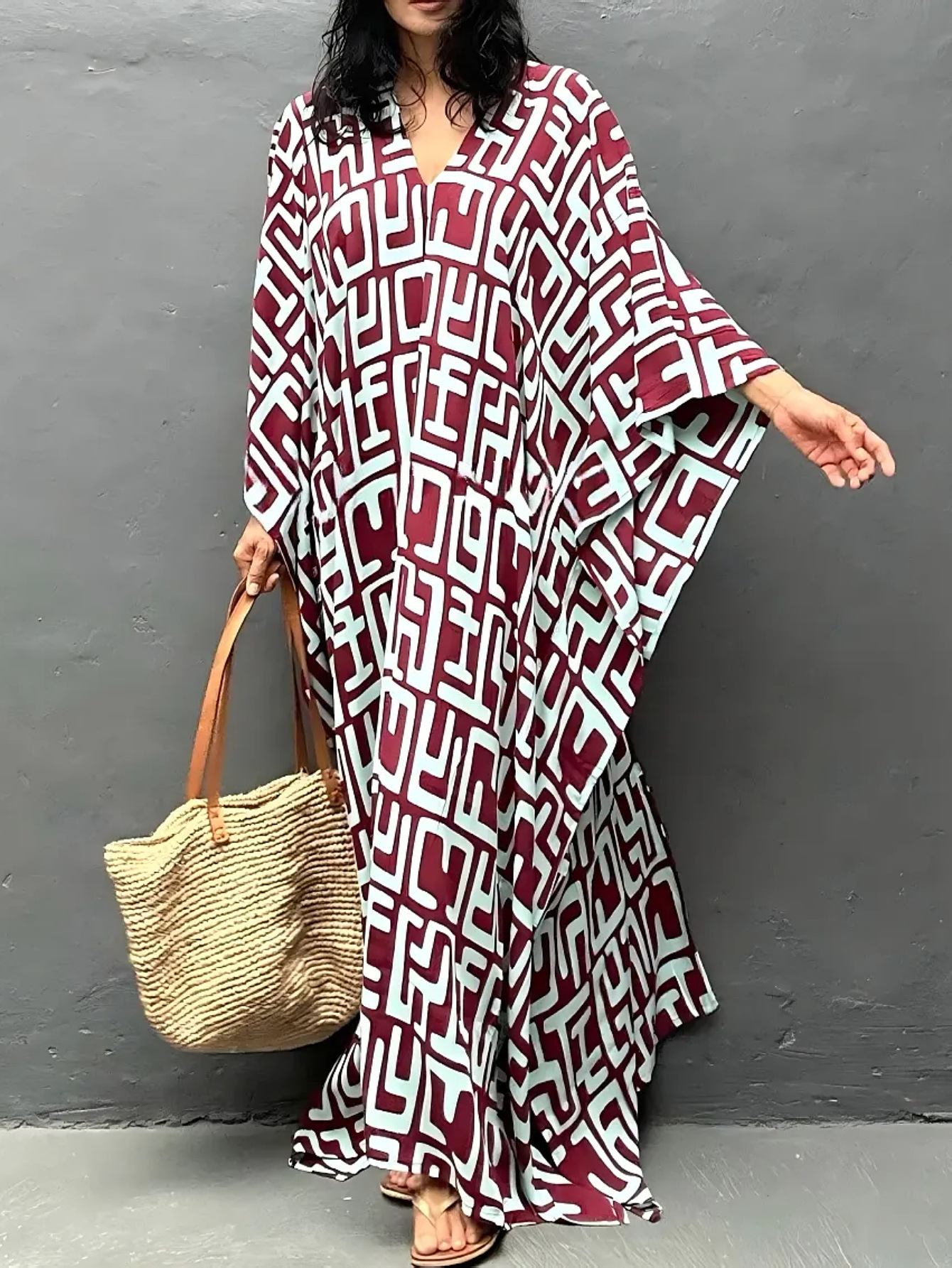 Robes caftans pour femmes, imprimé géométrique, grande taille, couverture de plage pour maillots de bain, col en V, tenues de vacances d'été, livraison directe