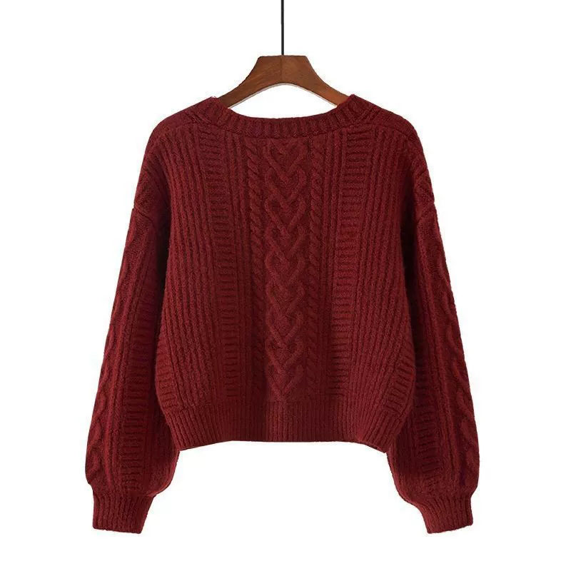 Cardigan court à manches longues et col en v pour femme, couleur unie, Vintage, torsadé, tricoté, avec boutons, nouvelle collection automne hiver