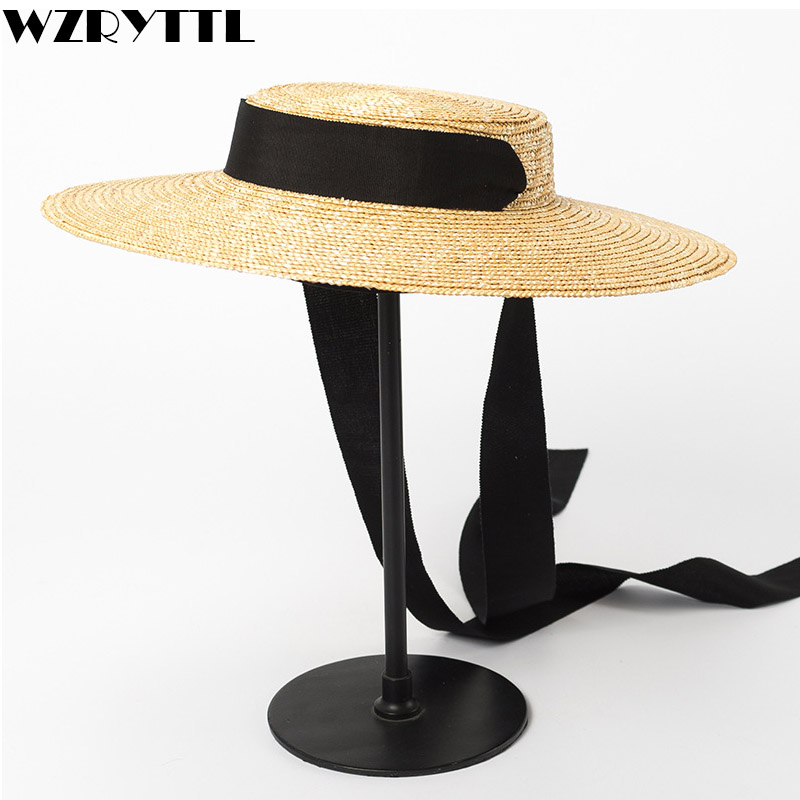 Chapeau de plaisancier à large bord 10cm 15cm, chapeau de paille plat pour femmes, chapeau d'été Kentucky Derby, blanc, noir, cravate avec ruban, chapeau de soleil, casquette de plage