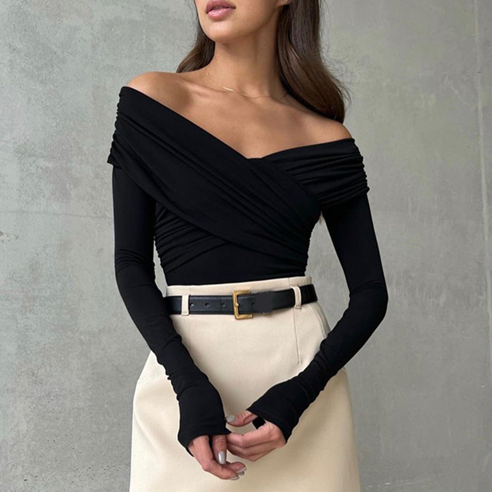 Femmes épaules dénudées chemises chemises courtes mode avant croix à manches longues Slim Fit hauts dames vêtements Clubwear femme Streetwear