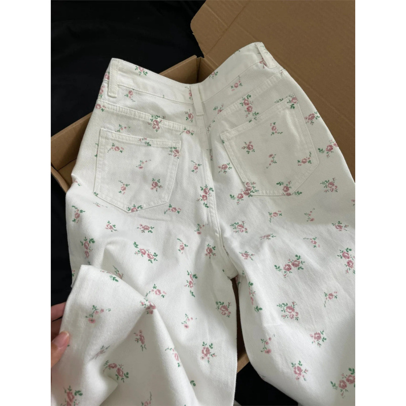 Jean droit de luxe Vintage pour femmes, motif Floral, léger, ample, taille haute, cache les hanches, amincissant, décontracté, jambes larges