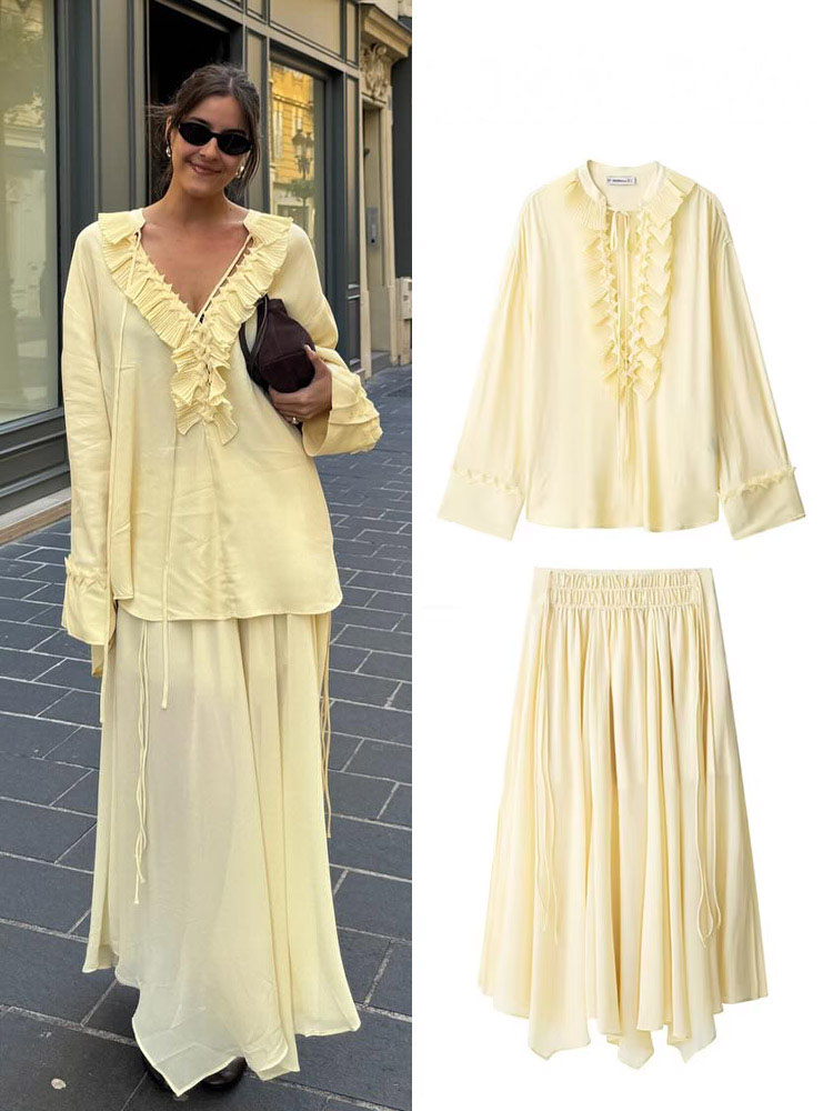 HH femmes élégant jupe costume solide manches longues dentelle chemise ample + fermeture éclair plissée tirer corde décoration décontracté longue jupe ensemble