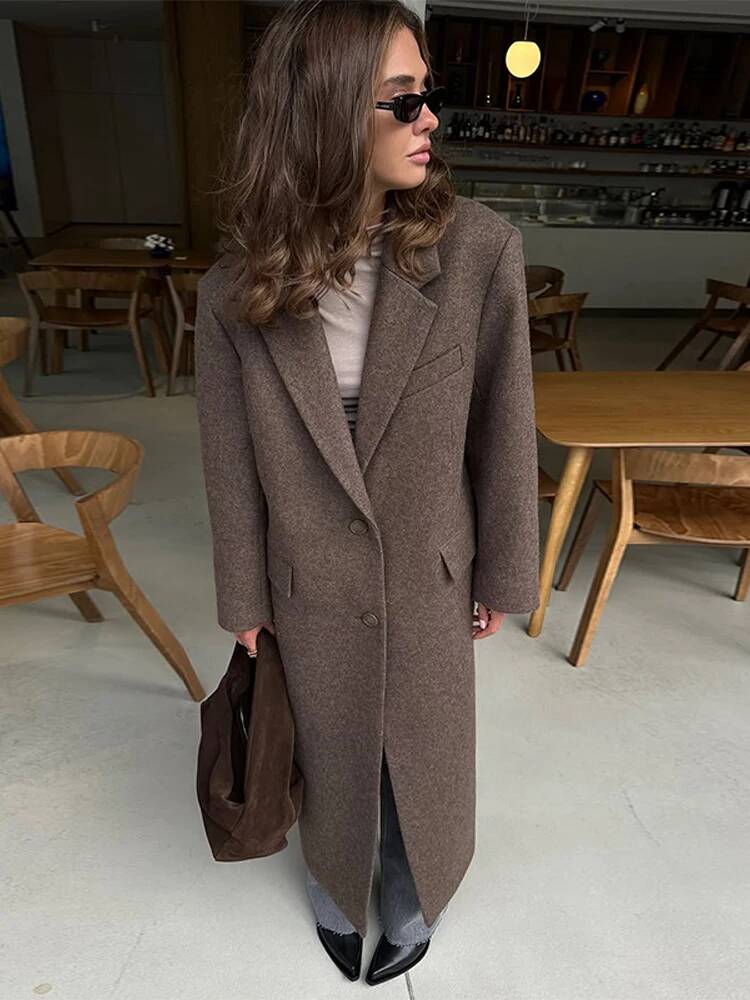 Manteau long élégant pour femme en laine mélangée avec épaulettes, col à revers, simple boutonnage, manches longues, marron, collection automne 2025, vêtement de ville pour femme