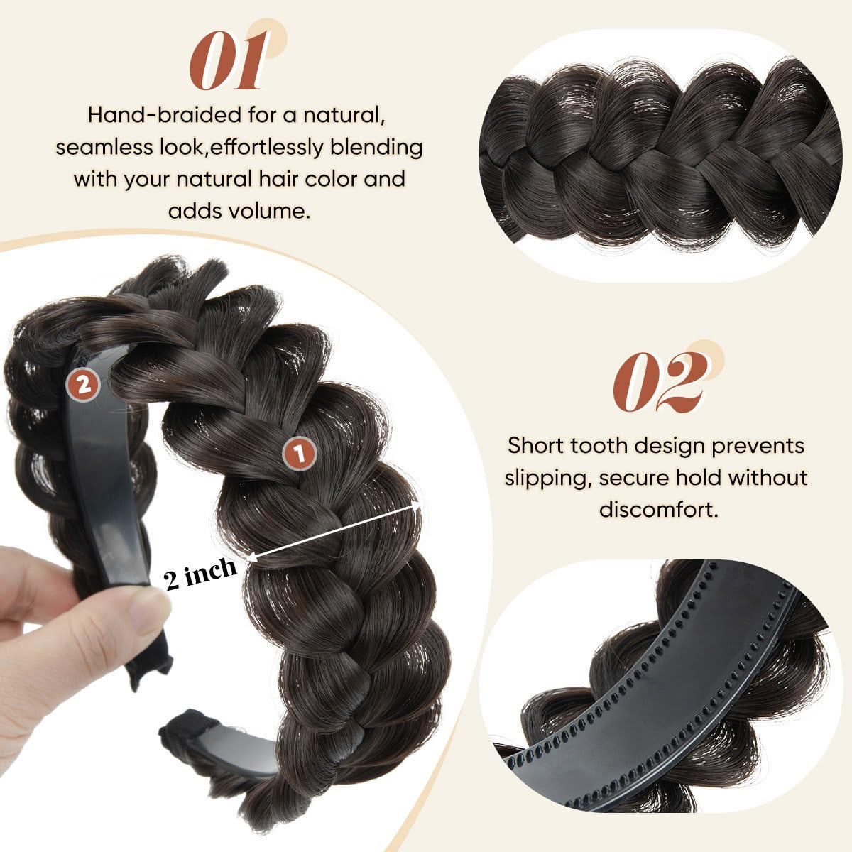Serre-têtes larges tressés en cheveux synthétiques, avec dents, faits à la main, accessoires pour cheveux, noir, 1 pièce
