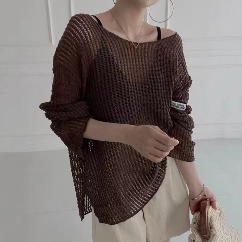 Mode coréenne creux voir à travers la crème solaire tricot couvre col rond ample décontracté femmes Blouse à manches longues Simple mince chemises