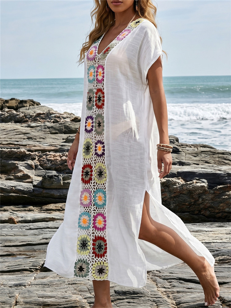 Robe de plage en crochet style bohème, kaftan long à fente, col en V, manches courtes, grande taille, pour vacances, plage, piscine, vente en gros