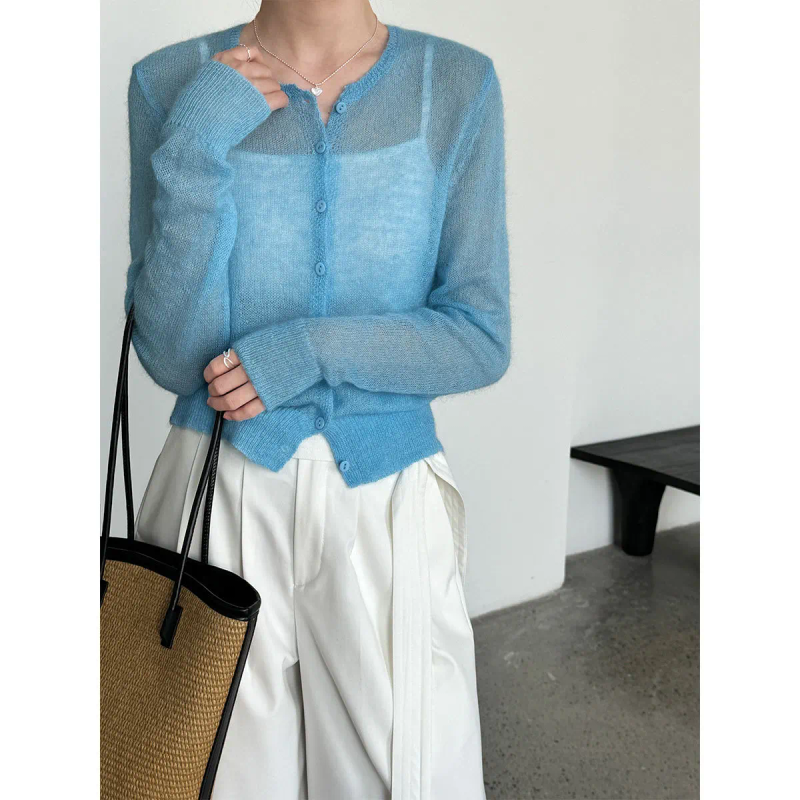 Pull en laine et mohair pour femme 2026 – Cardigan fin tricoté ajouré – Hauts doux pour femme