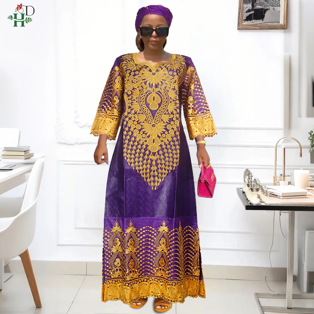 H & D-Robe traditionnelle africaine en bazin pour femme, tenue brodée blanche de haute qualité pour les occasions de mariage et de fête