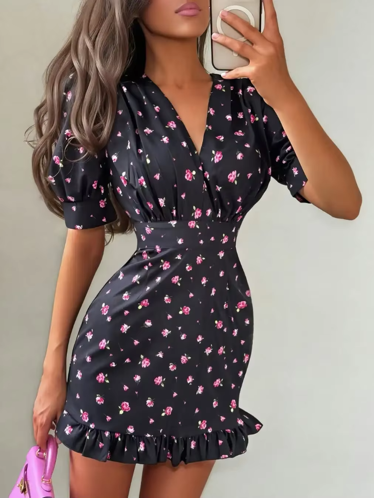 Robe Courte Femme Imprimé Floral Rose Col V Manches Bouffantes Ceinture Ourlet Volanté Robes Décontractées Été 2026 Tenues de Vacances pour Femme