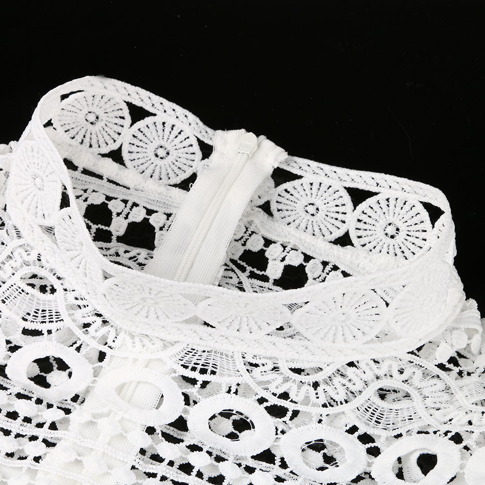 Robe Midi Femme Sexy en Dentelle Blanche, Creuses et Évidées, à Manches Longues en Crochet, Volants, Col Montant, Moulante, Décontractée, pour Soirée