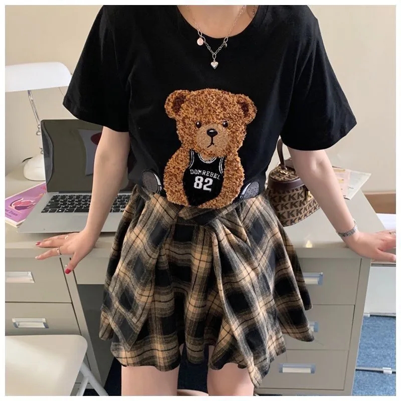 Ensemble jupe et haut d'été pour femme, t-shirt noir à manches courtes, jupe à carreaux trempée, mode esthétique