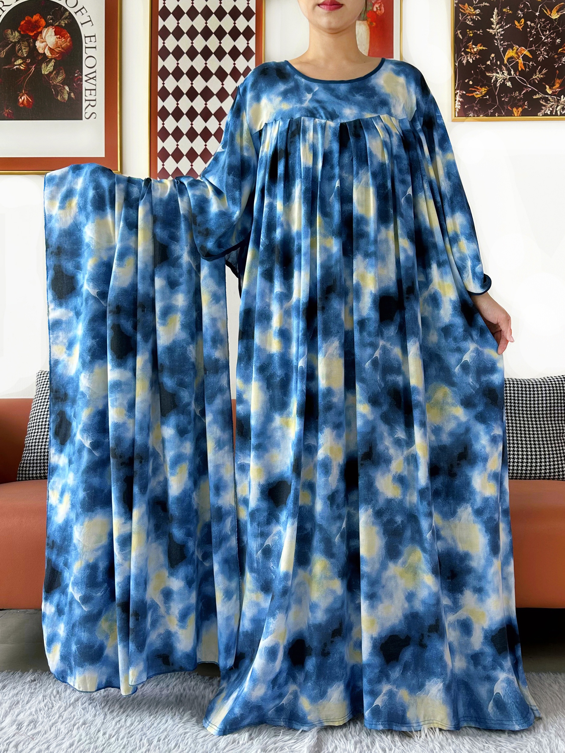 Robe Abaya pour femmes au design exclusif, ample, style africain, musulmane, avec grand foulard, imprimé tie-dye, robe maxi pour le Ramadan