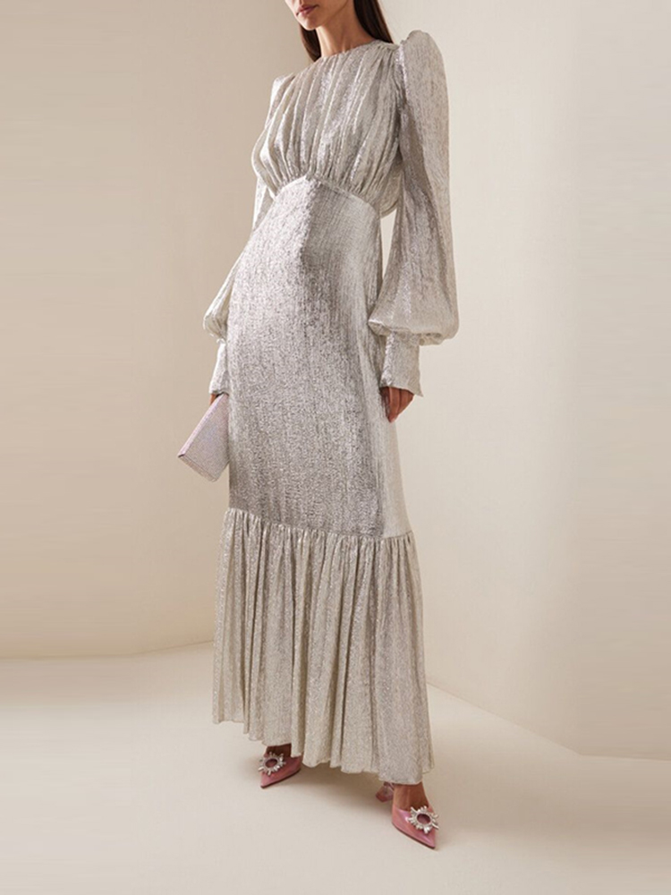 Robe décontractée à manches lanternes, robes de fête, robe plissée à col rond pour femme, robe de soirée élégante à taille haute pour l'été