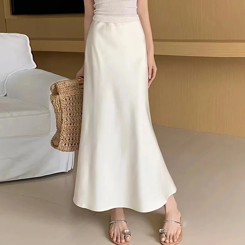MUJER Satin jupes longues pour femmes drapé taille haute jupe Midi femme été droite femmes jupe vacances plage femmes jupe
