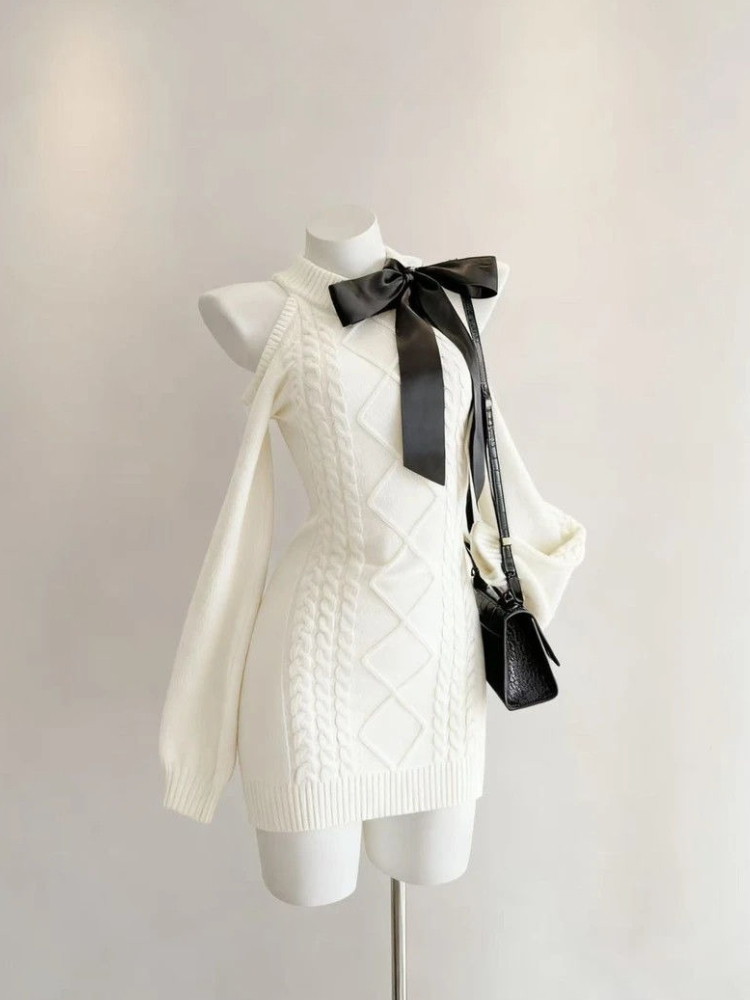 Kawaii – robe pull à épaules dénudées pour femme, coupe cintrée, chaude, en tricot, mode coréenne, avec nœud, manches longues, élégante, tendance, nouvelle collection hiver