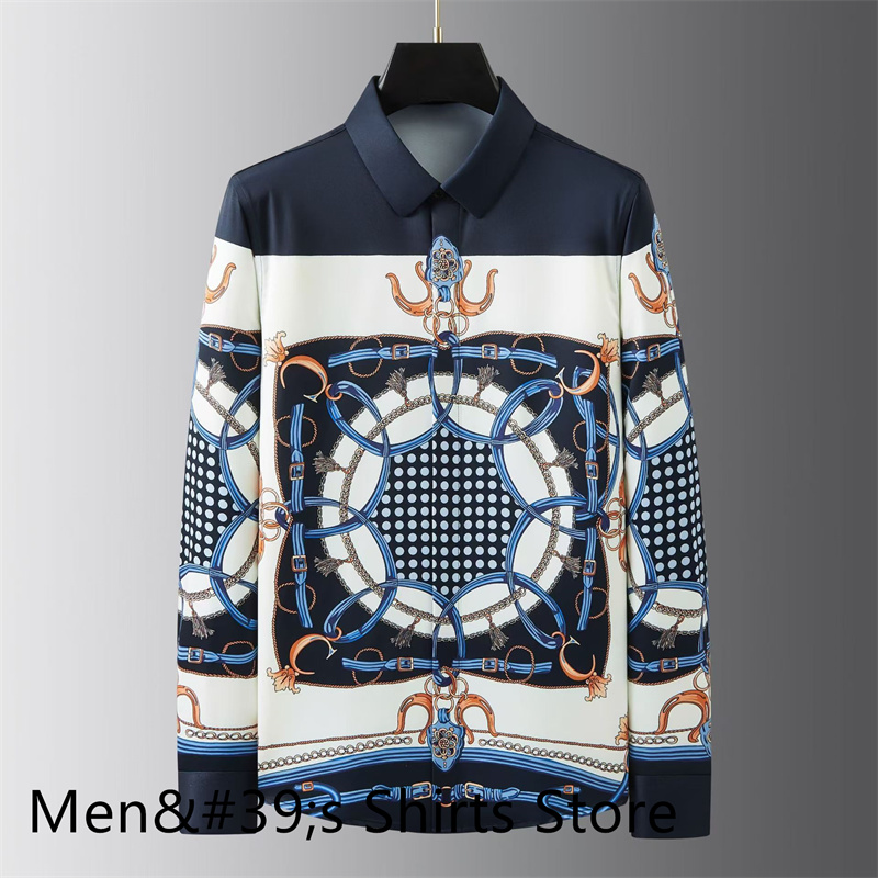 Chemise de luxe imprimée rétro pour hommes, coupe cintrée, manches longues, pour banquet social, haute qualité, vêtements d'affaires décontractés pour hommes
