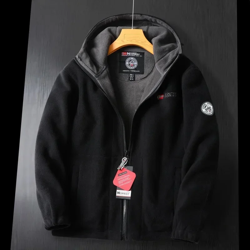 Veste d'hiver en laine pour hommes, haut de gamme, polaire épaisse brodée, coupe-vent, manteau chaud à capuche pour l'extérieur, la neige et le froid