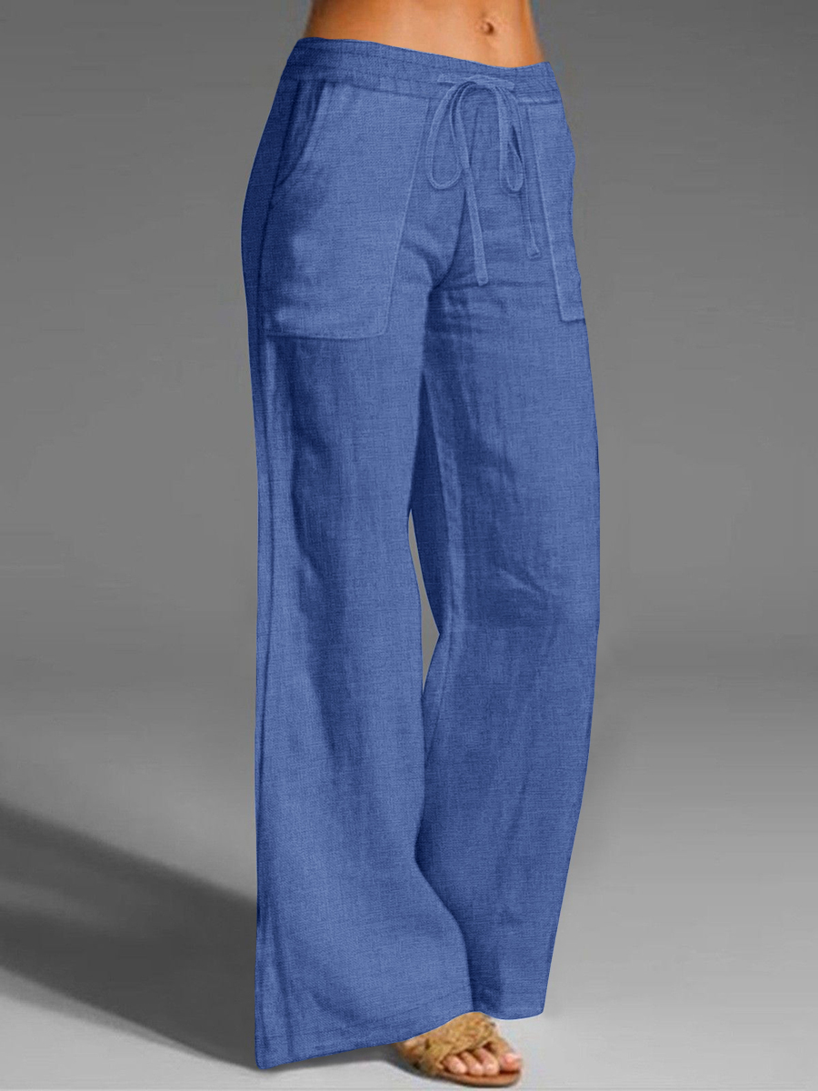 Pantalon à jambes larges pour femmes, taille élastique, cordon de serrage, décontracté, ample, couleur unie, poches, confortable, doux, pantalon de plage, été